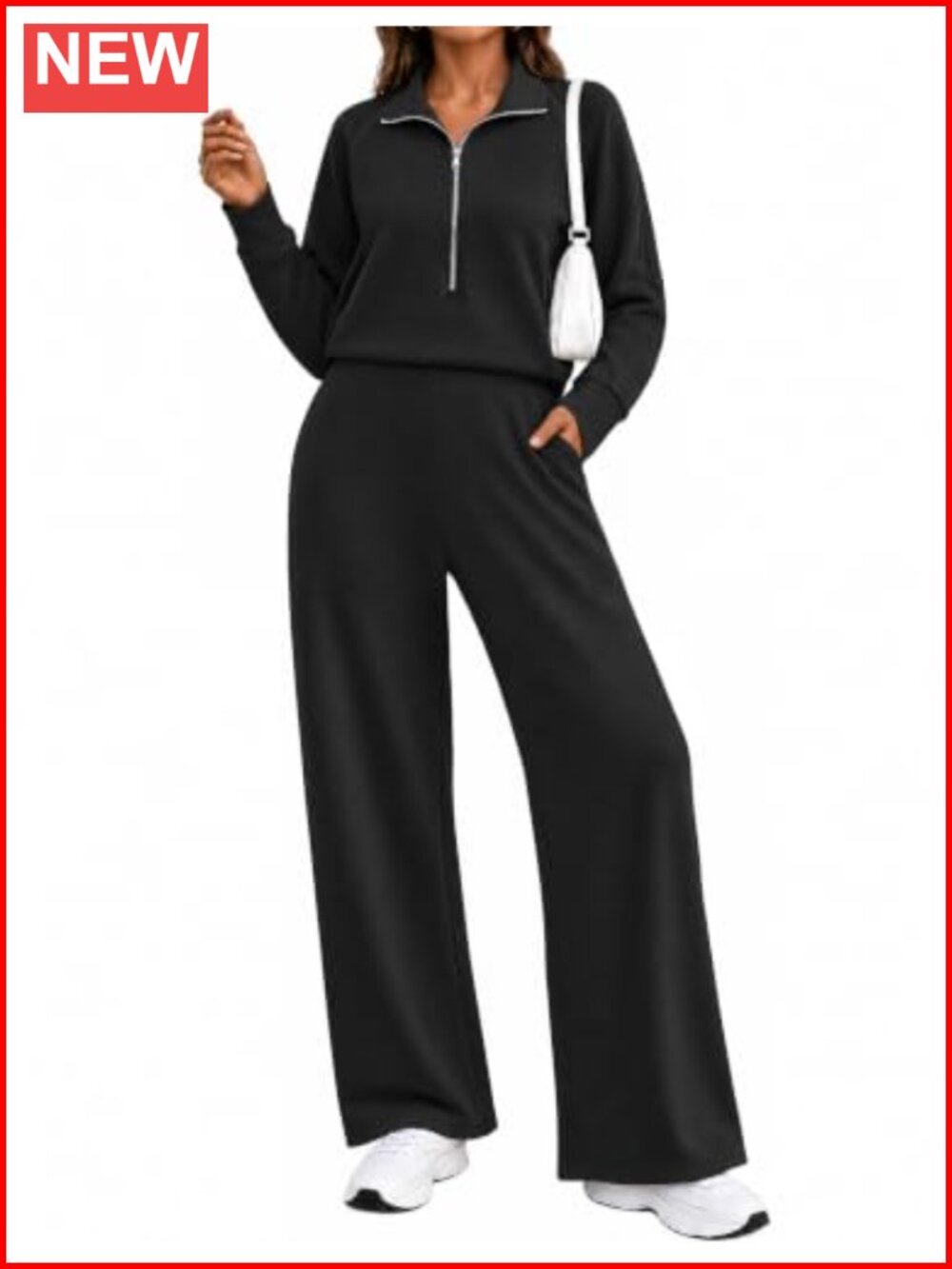Half Zip Long Sleeve Wide Leg Jumpsuit with Pockets